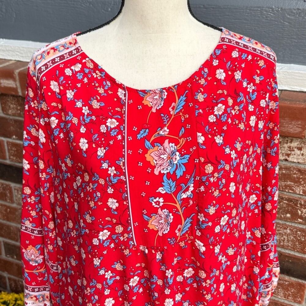 Umgee Women's Large Red Blue Floral Mini Dress Boho Bell Sleeve Oversized Tunic - Picture 2 of 8